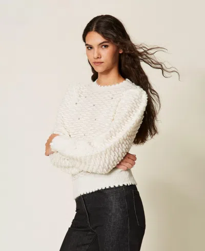 Actitude By Twinset Recycled Yarn Jumper With Embroidery In White Snow