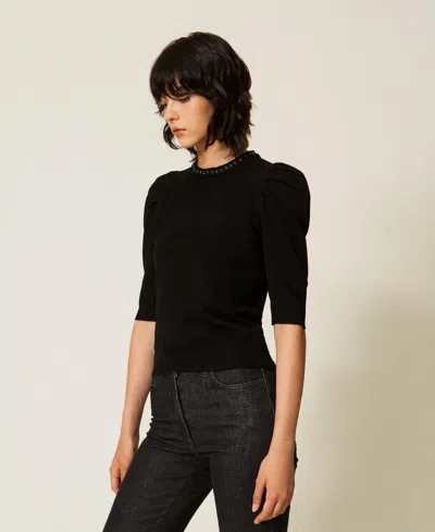 Actitude By Twinset Recycled Yarn Jumper With Rhinestones In Black
