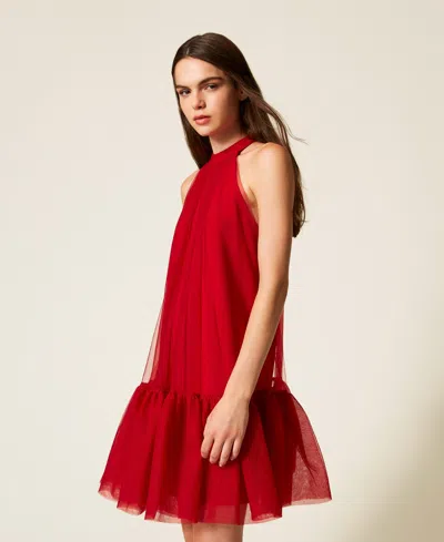 Actitude By Twinset Robe Courte En Tulle Avec Volant In Red