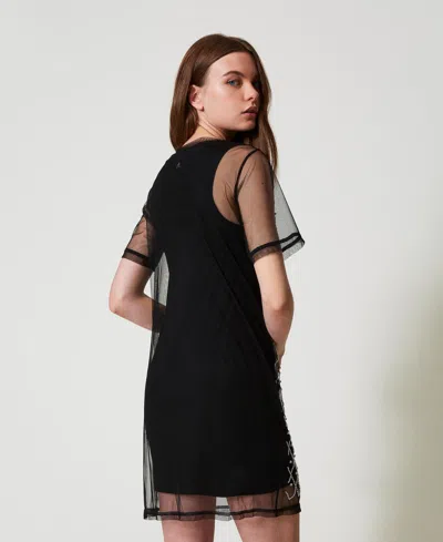 Actitude By Twinset Robe Courte En Tulle Brodé In Black