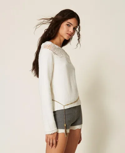 Actitude By Twinset Rose Crochet Jumper In White Snow