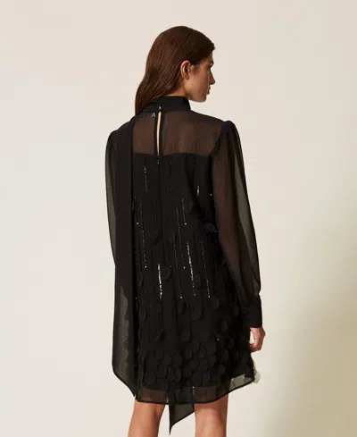 Actitude By Twinset Short Georgette Dress With Embroidery In Black