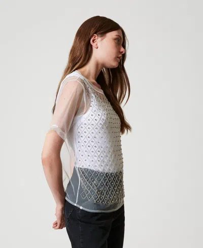 Actitude By Twinset T-shirt En Tulle Brodé Avec Top In White