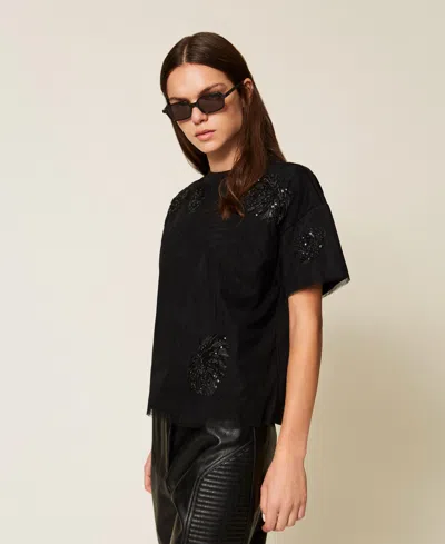 Actitude By Twinset T-shirt Regular Avec Tulle Et Broderies In Black