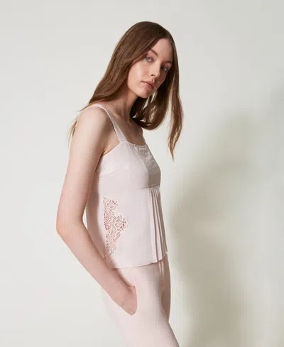 Actitude By Twinset Top En Sergé Avec Broderie Et Plissé In Neutral