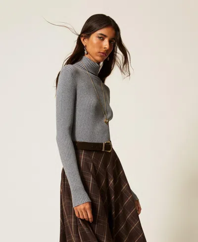 Actitude By Twinset Turtleneck Fitted Jumper In Mid Grey Melange