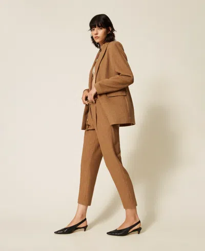 Actitude By Twinset Wool Blend Trousers With Chevron Pattern In Toffee Herringbone