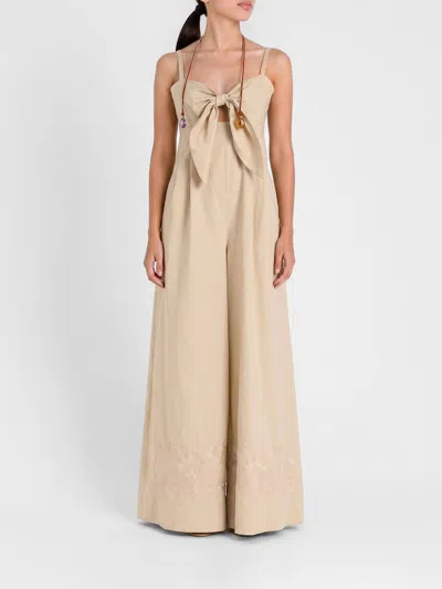Actitude Twinset Cotton Jumpsuit With Embroidery And Bow In Neutral