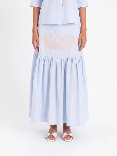 Actitude Twinset Long Pleated Cotton Skirt With High Waist And Embroidery In Blue
