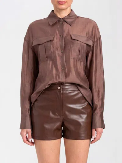 Actitude Twinset Relaxed Fit Muslin Shirt With Dropped Shoulders And Flap Pockets In Brown