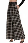 Active Basic Belted Plaid Wide Long Pants In Black In Black