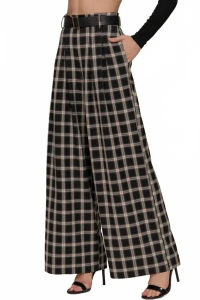Active Basic Belted Plaid Wide Long Pants In Black