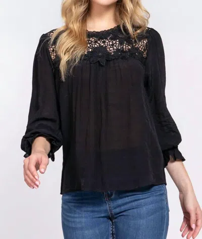 Active Basic Crochet Lace Panel Flounce Sleeve Blouse In Black