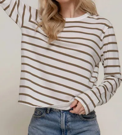 Active Basic Long Sleeve Round Neck Stripe Tee In Olive And Ivory In Multi