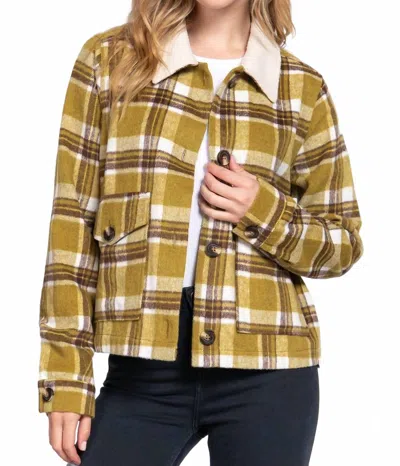 Active Usa Faux Fur Collar Plaid Shacket In Olive/brown