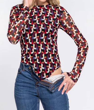 Active Usa Long Sleeve Printed Mesh Bodysuit In Black/wine In Multi