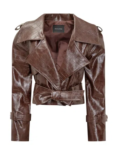Actualee Crocodile-effect Belted Coat In Brown