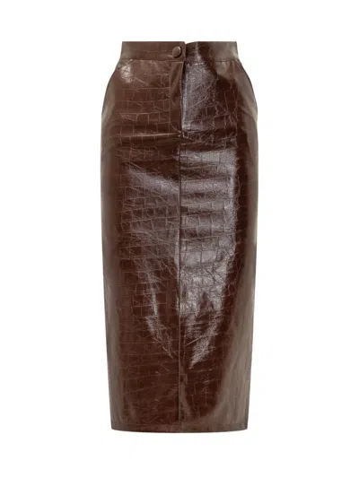 Actualee Crocodile-effect Midi Skirt In Brown