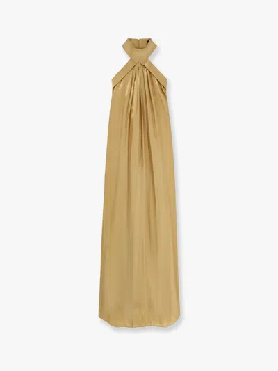 Actualee Flared Satin Long Dress In Brown