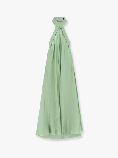 Actualee Flared Satin Long Dress In Green