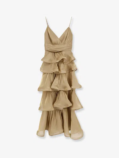 Actualee Flounced Long Dress In Gold