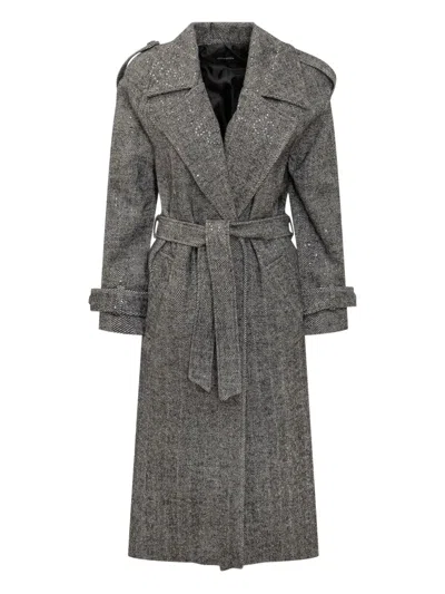 ACTUALEE HERRINGBONE SEQUIN-EMBELLISHED TRENCH COAT