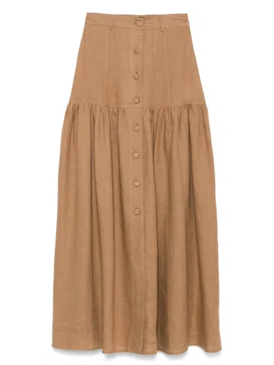 Actualee Linen Midi Skirt In Brown