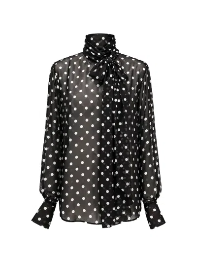 Actualee Polka-dot Pussy-bow Blouse In Black
