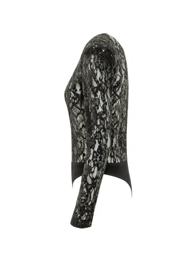 Actualee Sequin-embellished Lace Bodysuit In Black
