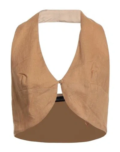 Actualee Woman Tailored Vest Beige Size 8 Linen