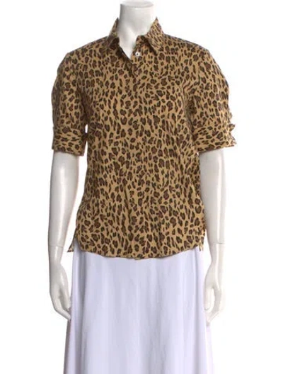 Pre-owned Adam Lippes Animal Print Short Sleeve Button-up Top In Brown