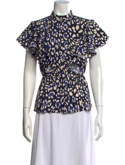 Pre-owned Adam Lippes Animal Print Short Sleeve Top In Blue