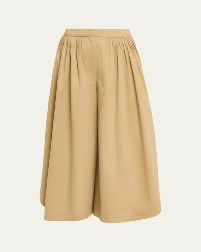Adam Lippes Athena Pleated Wide-leg Crop Tulip Pants In Brown