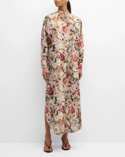 Adam Lippes Band-collar Flower-print Voile Long-sleeve Maxi Caftan Dress In Khaki Floral