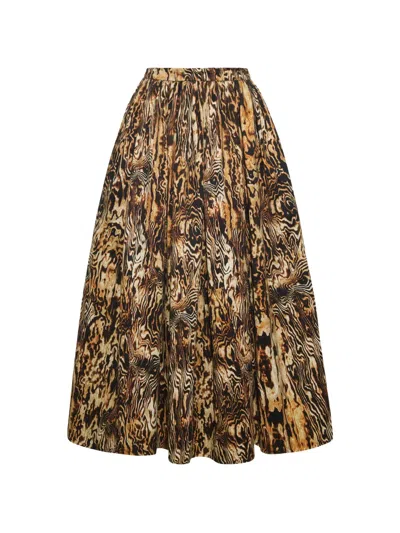 Adam Lippes Briar Woodgrain-print Midi Pleated Skirt In Brown