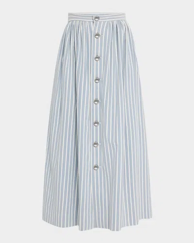 Adam Lippes Bryce Stripe Denim Button-front Midi Skirt In Stone Bluechalk