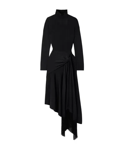 Adam Lippes Asymmetric Draped Fringed Stretch-knit Turtleneck Midi Dress In Black