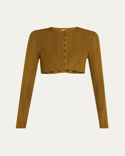 Adam Lippes Crop Silk Engineered Rib Cardigan In Bronze