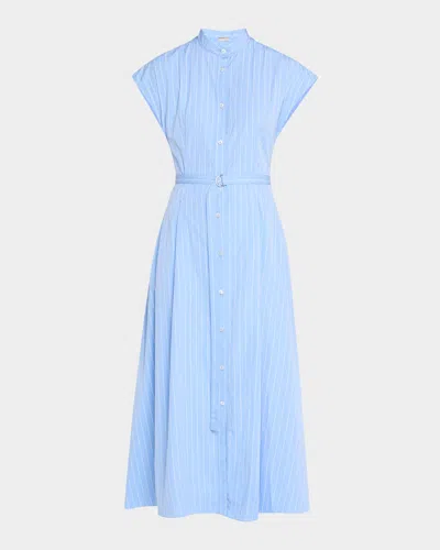 Adam Lippes Dejeuner Striped Poplin Cap-sleeve Midi Shirtdress With Belt In Pale Bluewhite