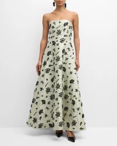 Adam Lippes Eloise Bead Embroidered Strapless Silk Mikado Gown In Black/pistachio