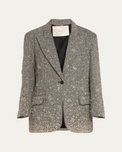 Adam Lippes Embroidered Wool Herringbone Tux Jacket In Black/ivory