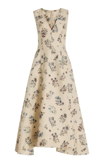 Adam Lippes Floral Cotton-silk Poplin Dress In Khaki