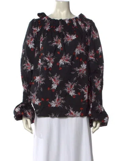 Pre-owned Adam Lippes Floral Print Bateau Neckline Blouse In Black