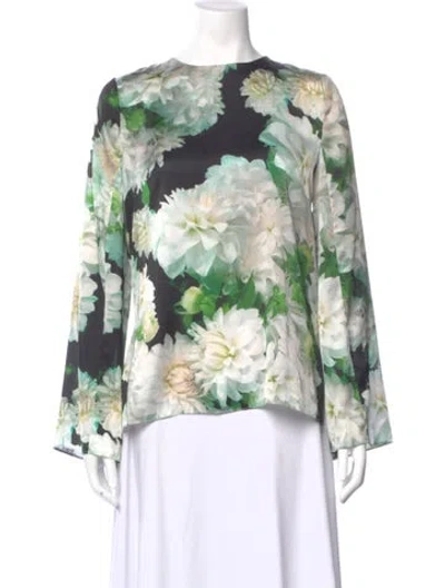 Pre-owned Adam Lippes Floral Print Crew Neck Blouse In Green