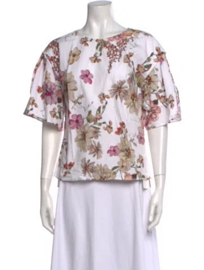 Pre-owned Adam Lippes Floral Print Crew Neck Top In White
