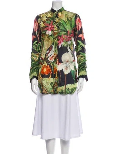 Pre-owned Adam Lippes Floral Print Long Sleeve Blouse In Green