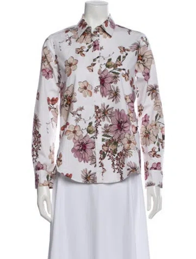 Pre-owned Adam Lippes Floral Print Long Sleeve Button-up Top In Blue