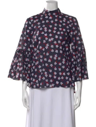 Pre-owned Adam Lippes Floral Print Mock Neck Top In Blue