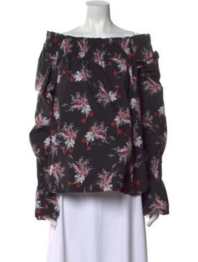 Pre-owned Adam Lippes Floral Print Off-the-shoulder Blouse In Black