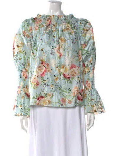 Pre-owned Adam Lippes Floral Print Off-the-shoulder Blouse In White